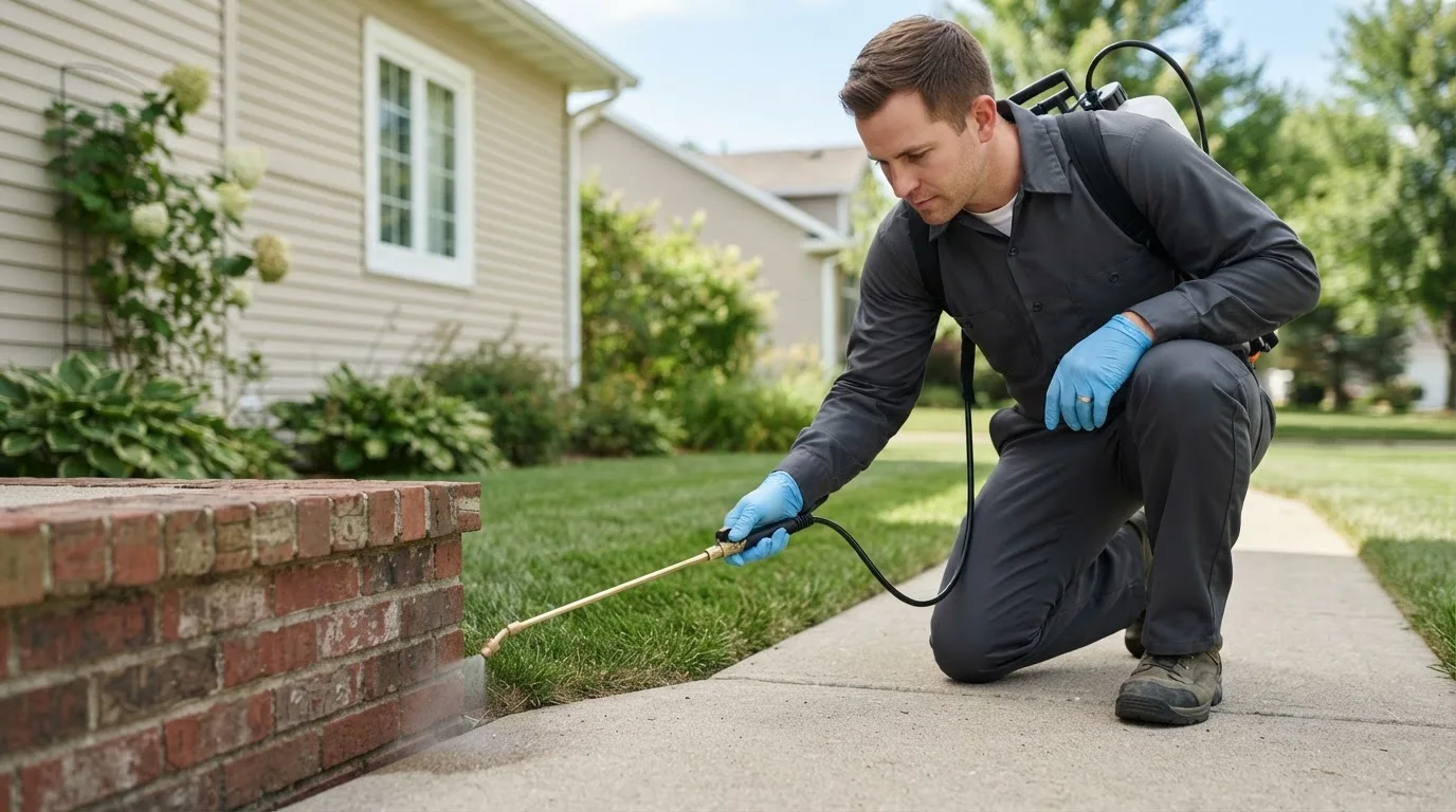 Pest control technician treating a home near Higginsport, OH